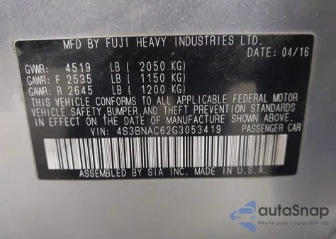 2016 Subaru Legacy 2.5I Premium z USA, uszkodzony, nr VIN 4S3BNAC62G3053419